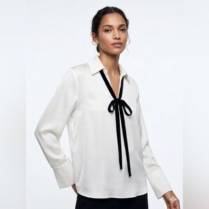 MOTF White Long-Sleeve Blouse with Black Ribbon Tie